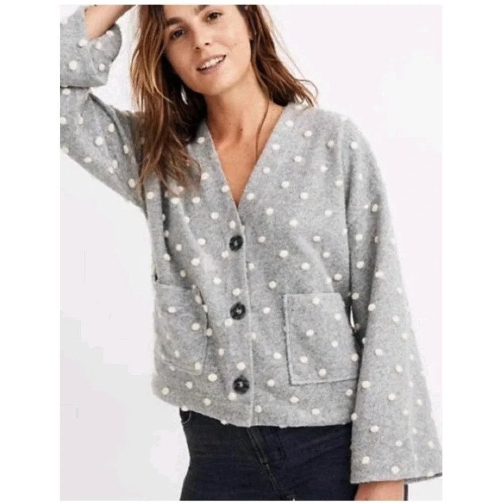 NWT Madewell Texture/Thread Boxy Bobble Cardigan Woman's Gray White Polka Dot M - Picture 2 of 12